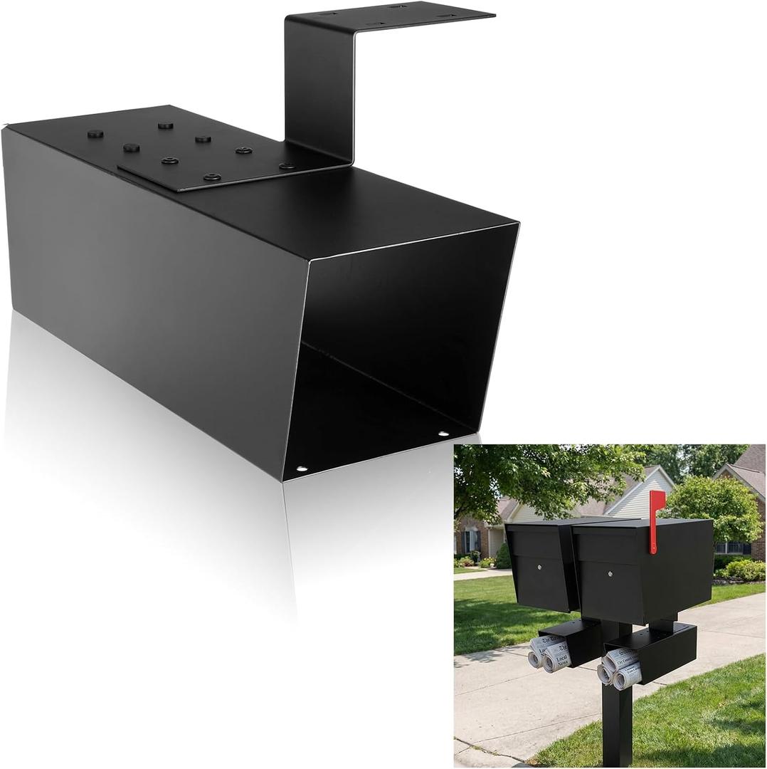 Zonon Newspaper Holder Black Medium Newspaper Box Weatherproof Heavy Duty Mailbox Accessory with Adjustable Bracket Rustproof Metal Outdoor Magazine Delivery Box for Post Mounted Mailbox