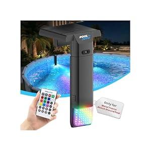 POOLJOYO Solar Pool Lights Only for Metal Frame Above Ground Pools, 1.71–3.9 Top Rails, Remote Control, Brighter 3-Sided 180° Underwater Glow, 10 Colors 4 Modes, IP68 Waterproof（1 Pack）