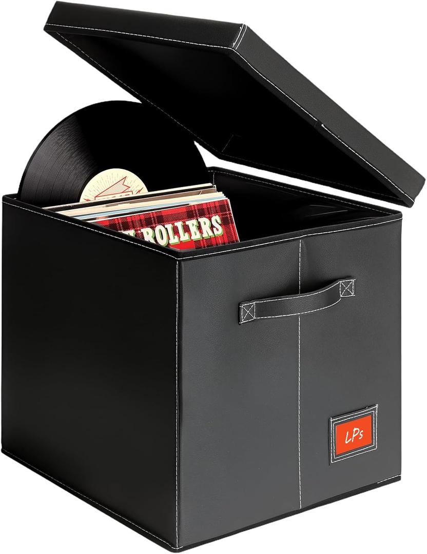 Black Faux Leather Vinyl Record Storage Box  12-Inch LP Record Holder & Case with Lid  Stackable Record Storage Crate for Albums, Rolls & Accessories  Sturdy Organizer 1Pack