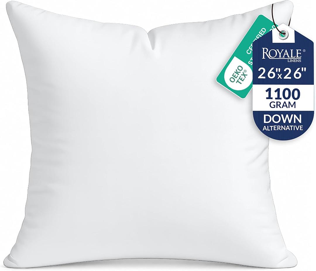 ROYALE LINENS 26 X 26 Pillow Insert - Down Alternative Throw Pillows Insert - Square Pillow Pack of 1 White - Bed & Couch Pillows - Inner Cushion for Bed, Cushion for Living Room - Shams Stuffer