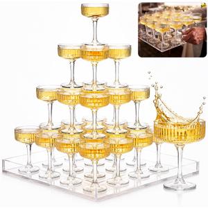 20 Pcs 7oz Plastic Champagne Tower with Acrylic Serving Tray