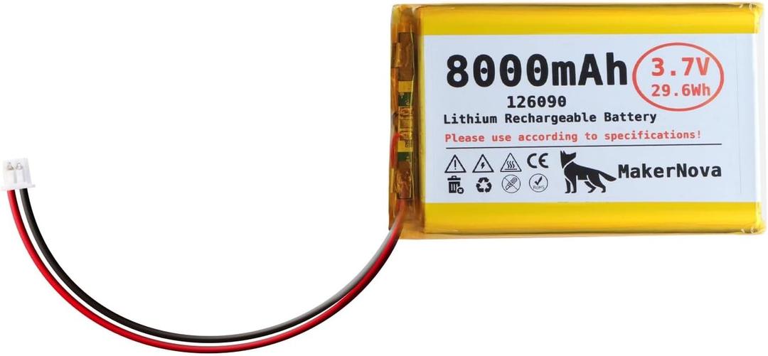 3.7V 126090 8000mAh LiPo Battery, 1S 3C Rechargeable, Micro JST 1.25 Connector, Dual Protection Board, 1 Pack