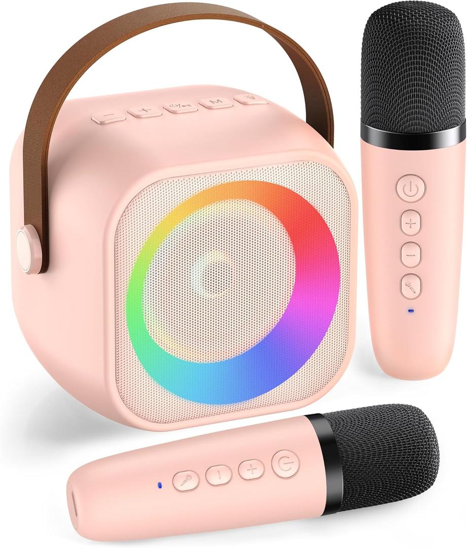 Karaoke Machine for Kids Adults, Mini Portable Bluetooth Karaoke Speaker with 2 Wireless Microphone and Lights, Christmas Birthday Gifts for Girls Ages 4-12+ Family Home Party