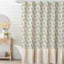 MUGINYU Linen Textured Ruffle Shower Curtain - Vintage Floral Block Print in Beige and Green, Boho Cottagecore Farmhouse French Country Bathroom Decor Set, 72x72 Inches
