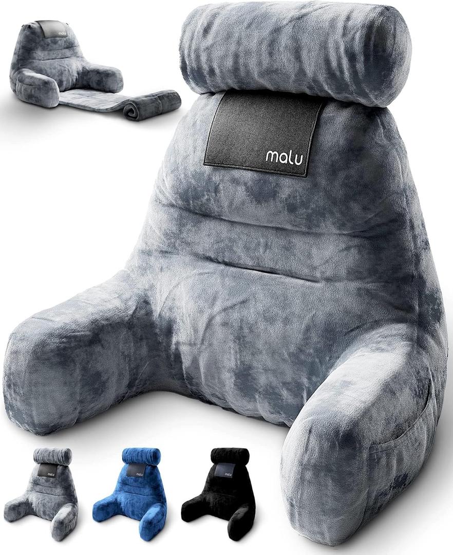 malu Extra Large Reading Pillow- Ergonomic Back Pillow for Bed+ Rolling Mat Neck Support- with Shredded Memory Foam- Sitting Up in Bed, Couch or Floor