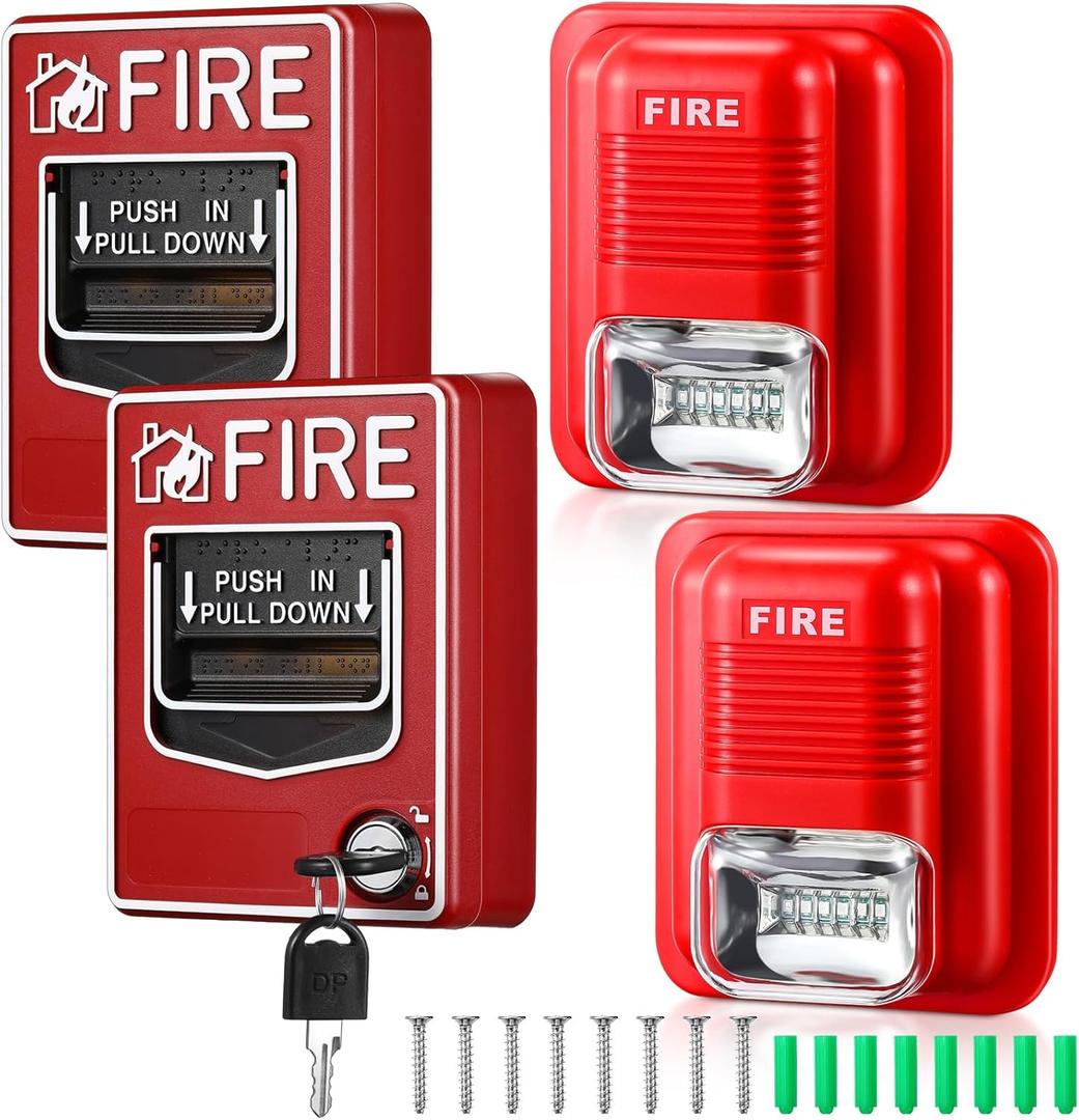 4 Pcs Fire Alarm Pull Station Fire Warning Siren 12/24V DC Sound and Light Emergency Alarm Dual Action Manual Call Point with Key Security Horn Buzzer for Home or Office