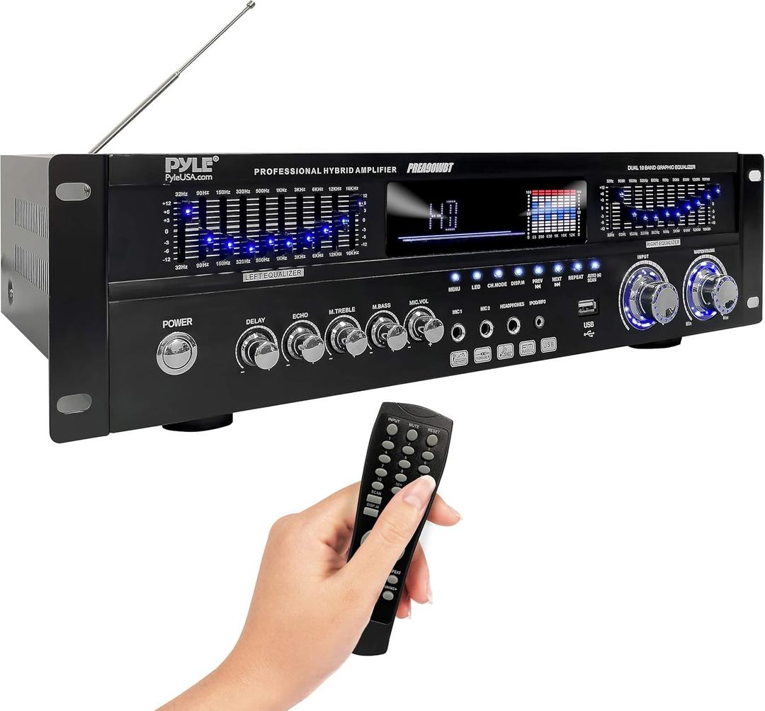Pyle 6-Channel Bluetooth Hybrid Home Amplifier - 1600W Home Audio Rack Mount Stereo Power Amplifier Receiver w/ Radio, USB/AUX/RCA/MIC, HD/OPT/COAX, AC-3, DVD Inputs, Dual 10 Band EQ - PREA90WBT