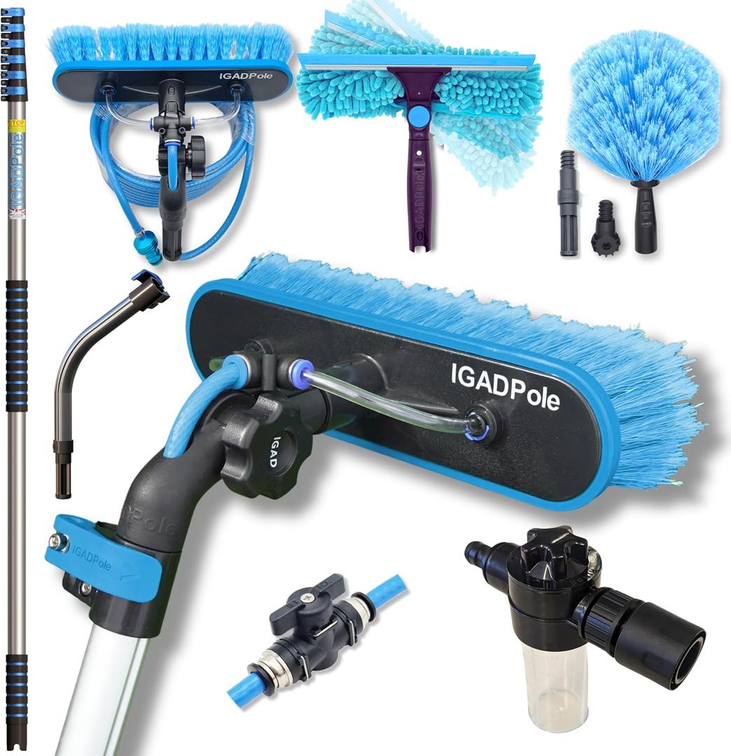 IGADPole 28 FT Water-Fed Washing Kit with Soap-Dispenser, Brush, 10 Squeegee & Cobweb Duster for Windows, Gutters, Solar Panels & Exterior Walls