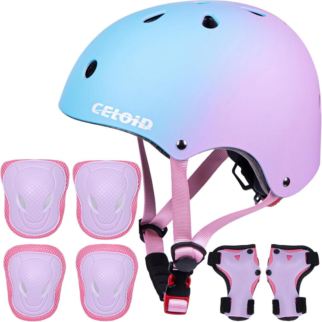 Kids Bike Skateboard Helmet Pad Set,Toddler Cyling Protective Gear Knee & Elbow Pads Wrist Guards for 5-8-10-12-14-16 Years Girls Boys Bicycle Scooter Roller Skate Inline Skating Rollerblading (Blue pink)