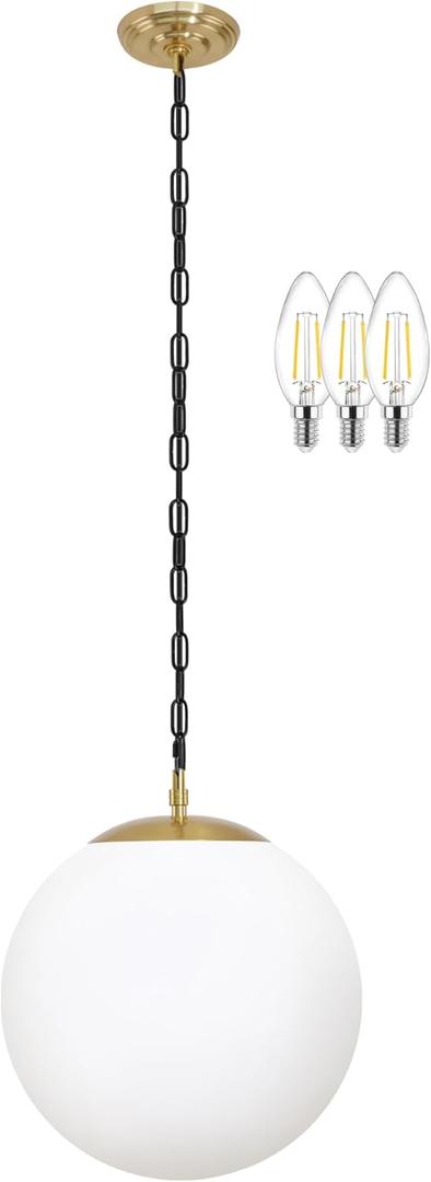 KoKo&Yukina 13.7" Gold Globe Pendant Light Mid Century Pendant Light Milk Glass Pendant Lights Kitchen Island Adjustable Hanging Light Fixture for Dining Room Bedroom Kitchen Islan (Opal & Brass), While