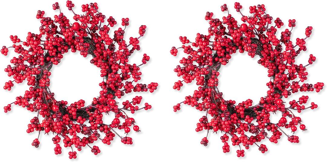 Glitzhome 2Pcs 14 Inch Christmas Wreaths for Holiday Decor, Artificial Red Berry Wreath, Modern Farmhouse Wreath for Windows, Walls, Porch and Other Indoor and Outdoor Home Decor