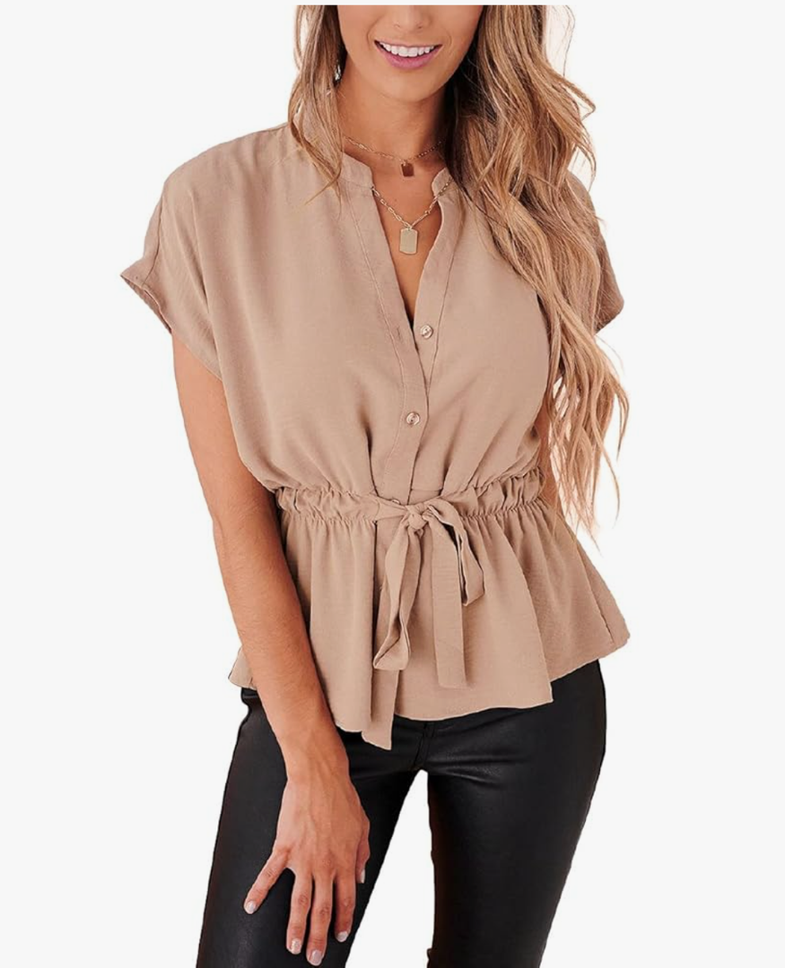 Womens Button Down Blouses Casual Peplum Summer Tops Dressy Chiffon Work Blouse, L