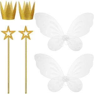 Sratte 6 Pcs Halloween Girls Fairy Costume Set, Fairy Wings Dress Up Wings Star Wand and Gold Crowns, Halloween Costume Dress Up Accessories 13 Inches Gold Wand Party Crowns Birthday Decorations