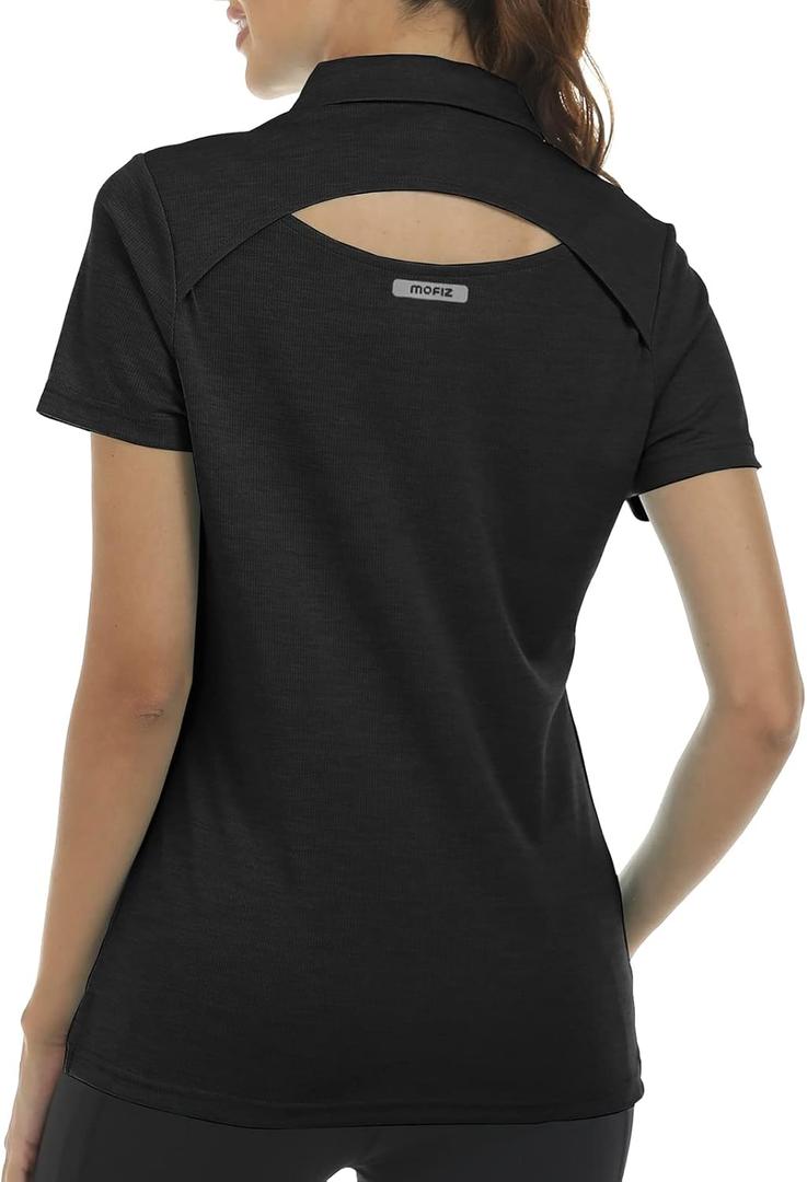 MoFiz Back Cut Out Womens Golf Polo Shirts and Ladies Floral Golf Apparel Moisture Wicking TennisTops with Hem Slightly Slit (XSmall, Black)