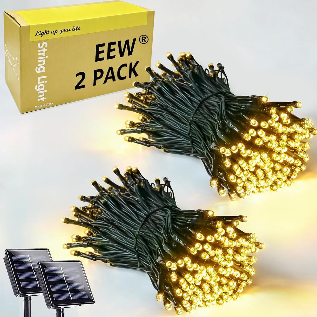 2 Pack Solar String Lights Outdoor 200 LED Christmas Lights Warm White