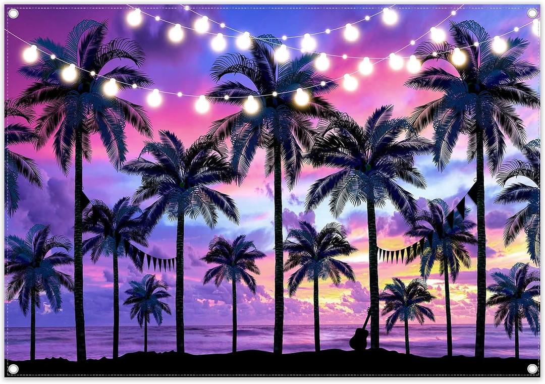 Fabric 7x5ft Purple Summer Seaside Sunset Backdrop Hawaii Beach Palm Trees Tropical Photography Background Luau Party Decorations Kids Adults Photo Banner Booth