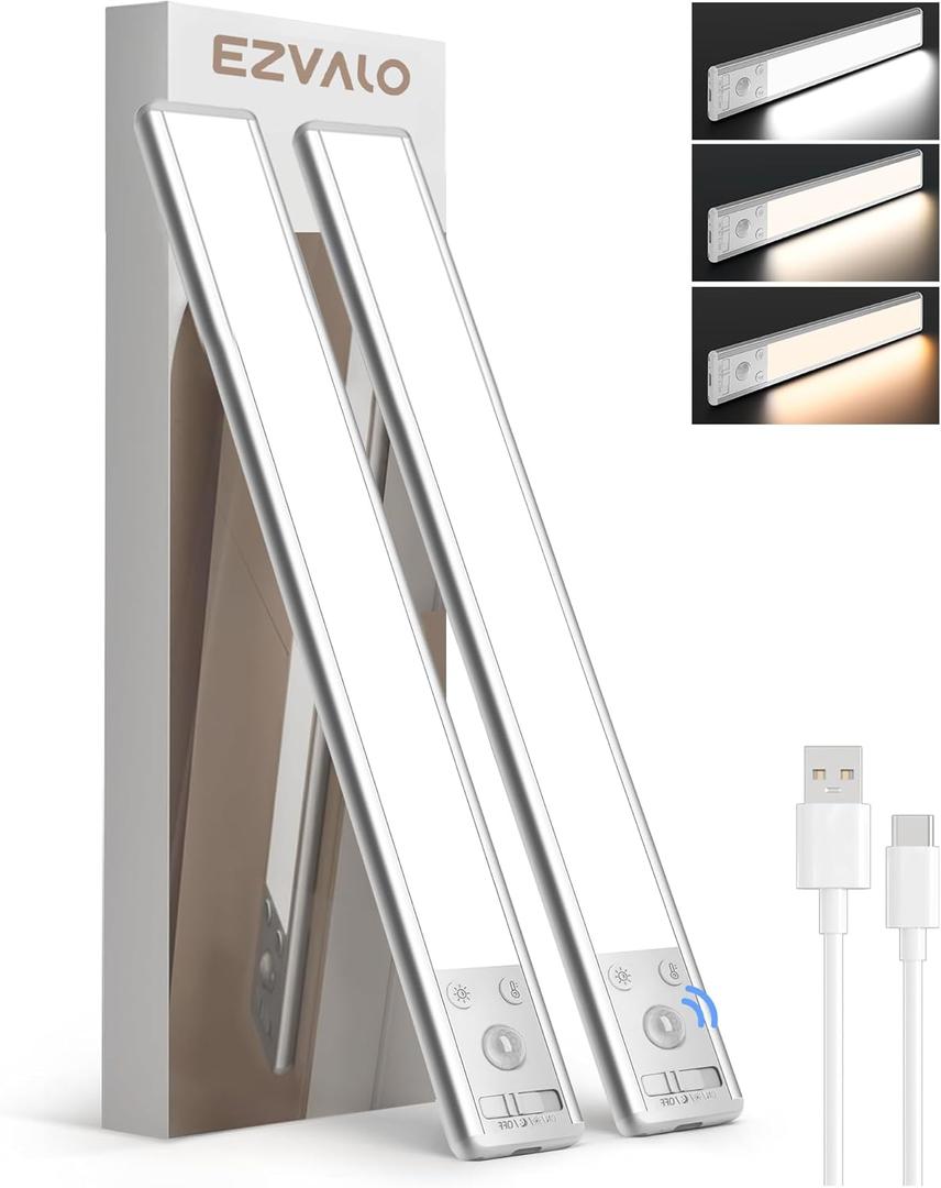 EZVALO 134 LED Under Cabinet Lights, 3200mAh Rechargeable Motion Sensor Light Indoor, Dimmable Magnetic Closet Lights with 3 Color Temps, Wireless Under Counter Lights for Kitchen, Stair (2 Pack) (14.5 inch, Silver)