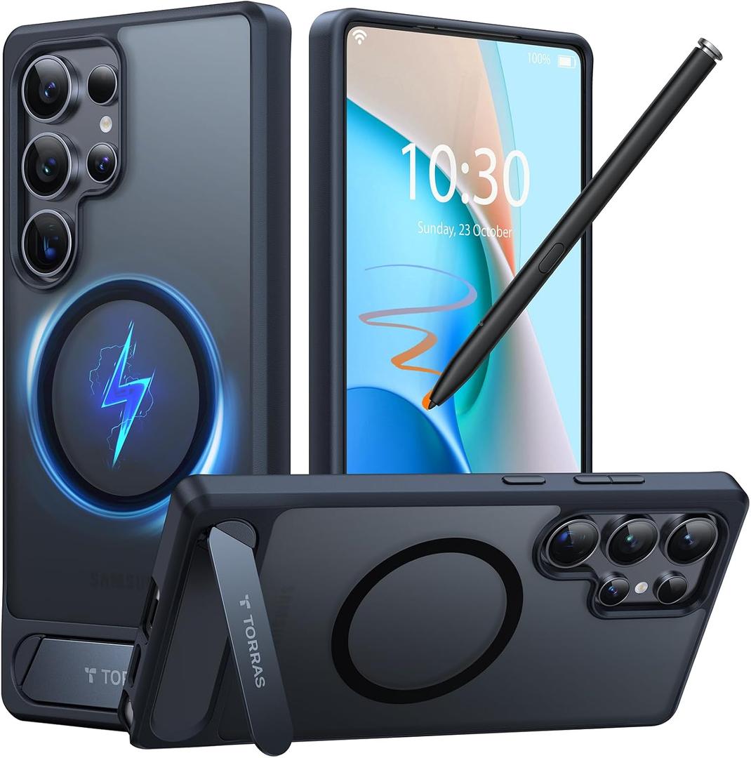 TORRAS Strong Magnetic & Seamless Stand for Samsung Galaxy S25 Ultra Case, Fit for MagSafe, Mil-Grade Drop Protection, Adjustable Kickstand for Samsung Galaxy S25 Ultra Case, Slim Frosted Matte Black (for Galaxy S25 Ultra, Black)