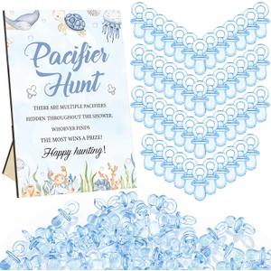Thyle 51 Pcs Under The Sea Pacifier Hunt Baby Shower Games Include Hunt Sign and 50 Acrylic Pacifiers for Ocean Animal Baby Shower Game Decoration Sets Gender Reveal Newborn Announcement Party Decor (Blue)