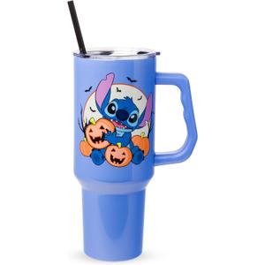Silver Buffalo Disney Lilo and Stitch Halloween Spooky Pumpkin Jack-O-Lantern Stainless Steel Tumbler with Handle and Straw, Fits in Standard Cup Holder, 40 Ounces