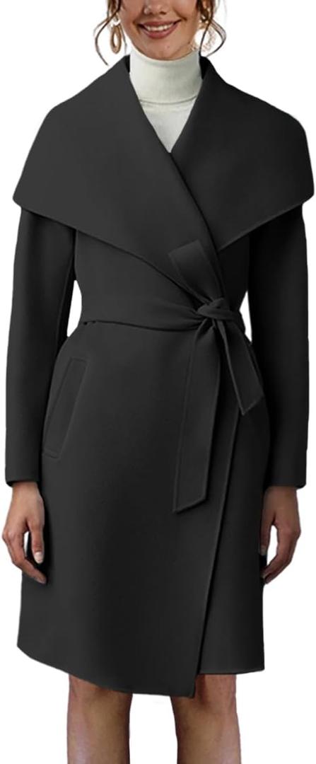 Cicy Bell Women's Pea Trench Coat Lapel Collar Long Jacket Open Front Belted Overcoat with Pockets (Medium, Black)