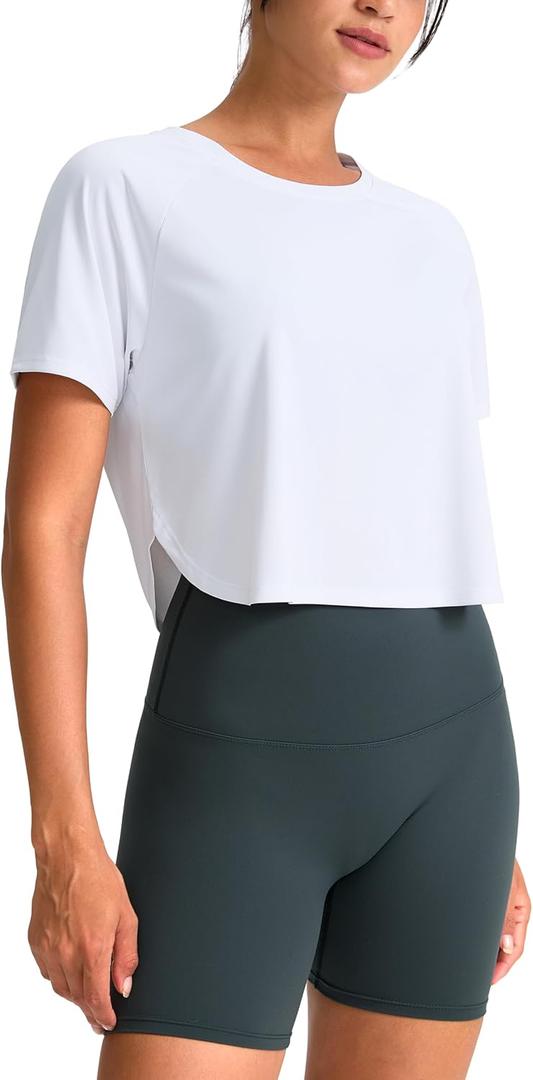 SANTINY Workout Crop Tops for Women Short Sleeve Athletic Shirts Cropped T-Shirt Yoga Gym Tops with Split Hem (Small)
