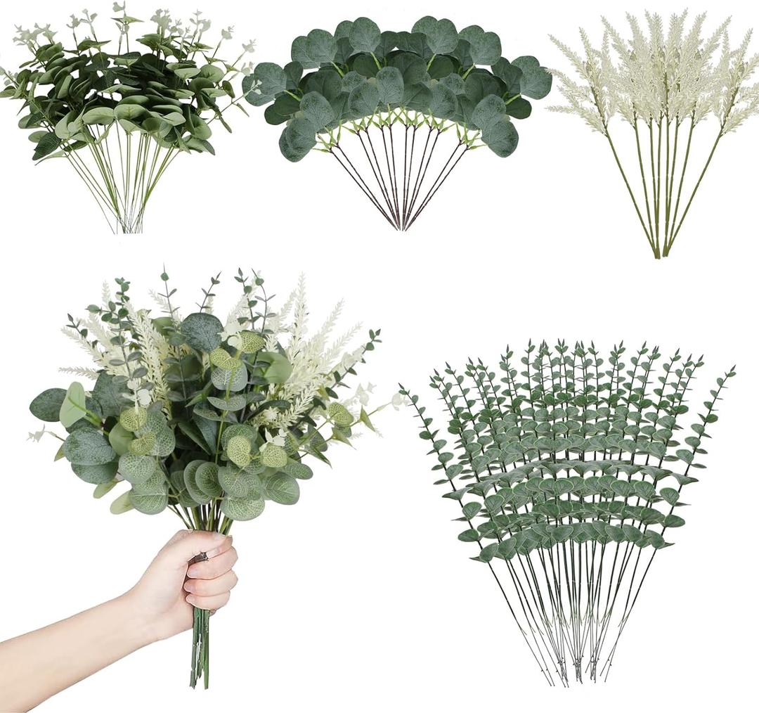 Artificial Eucalyptus Leaves Stems 120 Pcs 4 Kinds Mixed Fake Silver Dollar Eucalyptus Leaves Stem Bulk Faux Leaf for DIY Bouquets Floral Arrangement Wedding Home Decor (Ferns-120pcs)