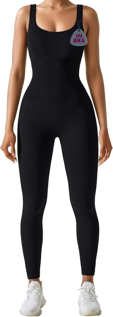 AURUZA Jumpsuit for Women Workout Seamless Jumpsuits Yoga Ribbed One Piece Tank Tops Rompers Sleeveless Exercise Jumpsuits, L