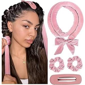 Fvbber Heatless Hair Curler Set, Hair Rollers for Women Overnight Curls, No Heat Sleeping Curlers with Soft Ribbon Wrap, 2 Scrunchies & Clip, Curling Rod Headband for Long/Medium(Pink)