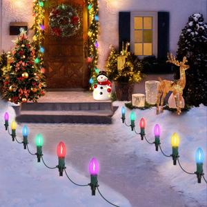 45Ft C9 Led Christmas Pathway Lights Outdoor, 30 Multicolor Bulbs Waterproof Connectable Christmas Walkway Lights with Stakes for Yard Lawn Sidewalk Driveway Decorations