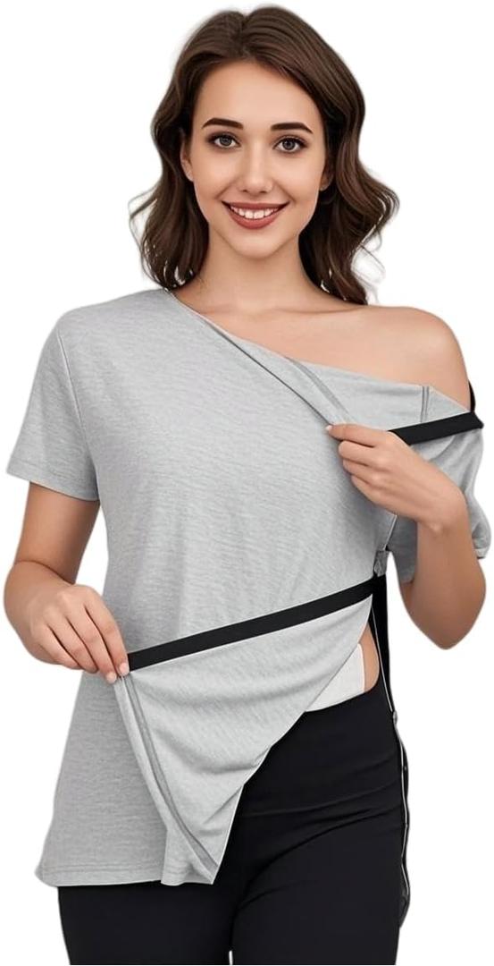 Women's Post Shoulder Surgery Tear Away Shirt Short Sleeve Side Snap Chemo Port Postpartum Shirts Adaptive Clothing (Gray, S)