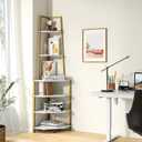 VECELO 6 Tier Corner Shelf 69 Inch Industrial Bookshelf with Metal Frame, Multipurpose Tall Plant Stand with Opening Display Shelves for Living Room, Bedroom, Home Office, Small Space, Gold
