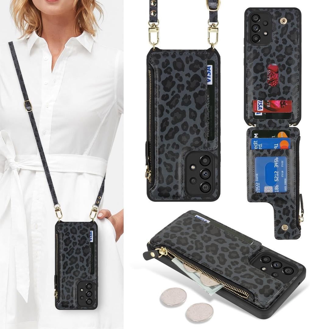 Cavor for Samsung Galaxy A53 5G Case Wallet for Women, Galaxy A53 5G Crossbody Case with Strap,Leather Zipper Pocket Card Holder Phone Cover-Leopard Black