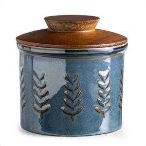 Ceramic Butter Dish with Lid, Butter Crock for Countertop, French Butter Keeper, Elegant Embossed Pattern, Blue (Leaf-3.94"dia)