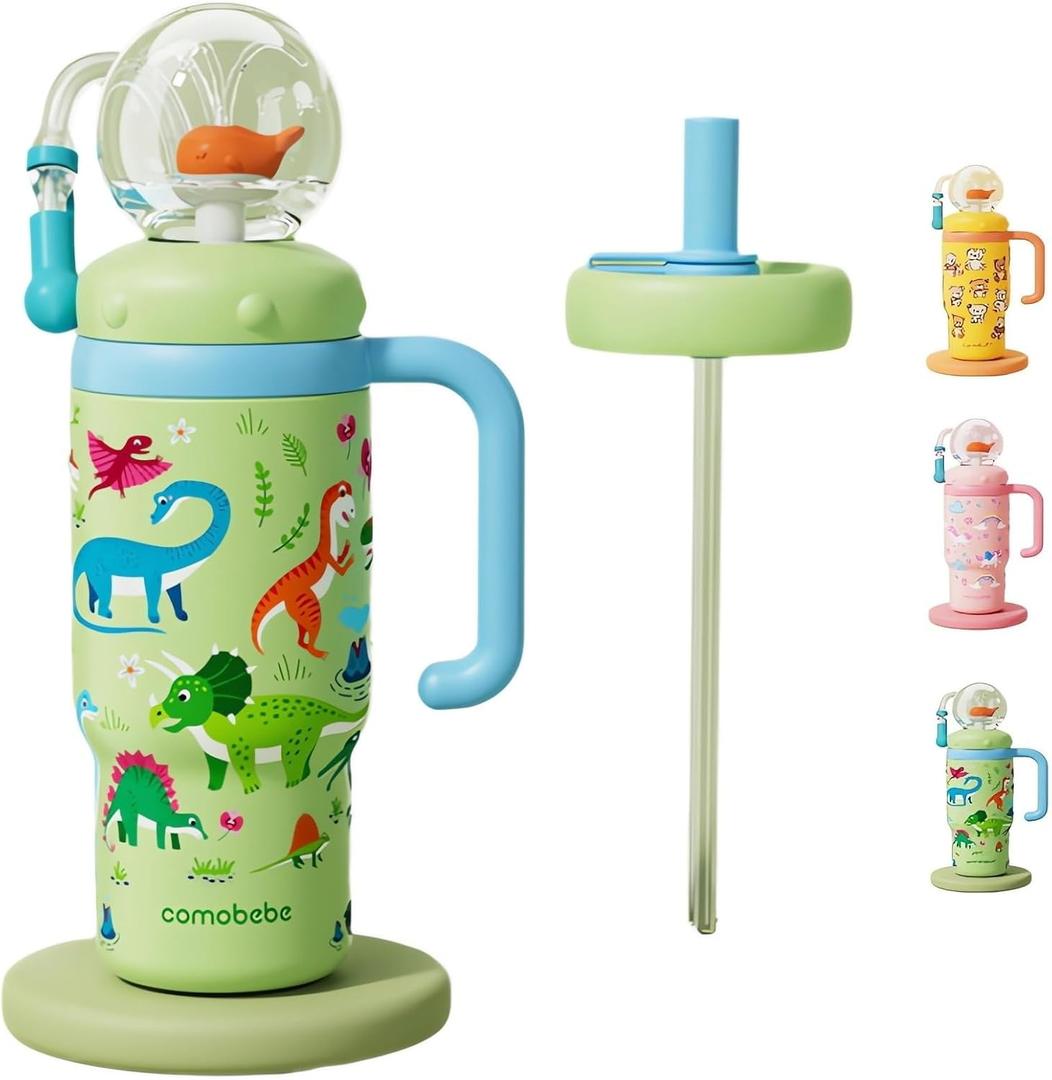 Stainless Steel Whale Fountain Tumbler with Handle, Drinking Cup with Whale Squirt, 24oz Whale Water Bottle Two Silicone Soft Tip, Leak-Proof Whale Fountain Tumbler for Kids Teens Adults (B-Green)