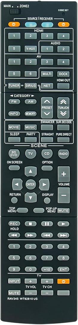 RAV345 WT92810US Replace Remote Control Compatible with Yamaha AV Receiver Audio Video Receivers RX-V867 RX-V867BL RX-V667 RX-V667BL HTR-6063
