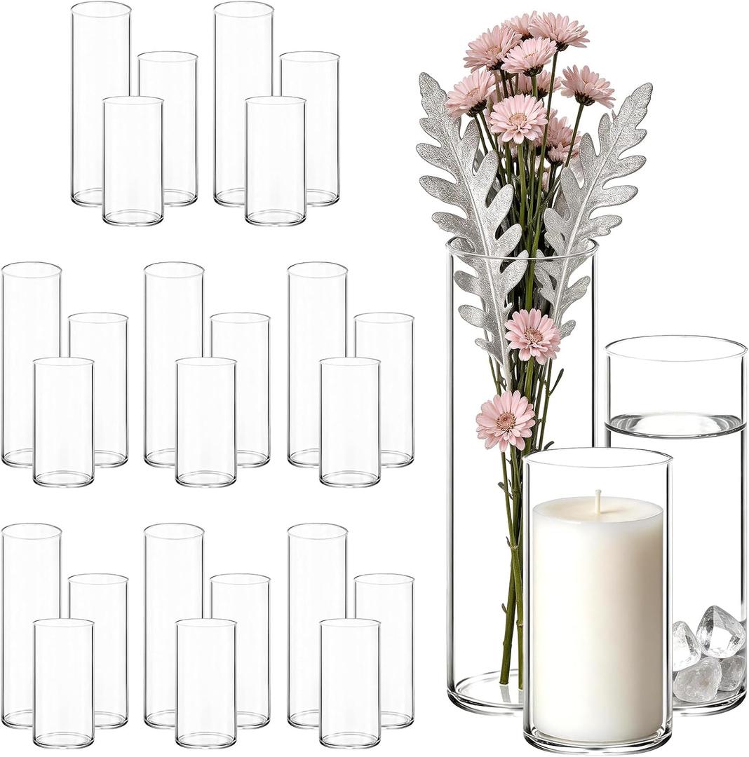 24 Pcs Bulk Cylinder Glass Flower Vases & Hurricane Candle Holders, 2.6" x 5/6/8 Assorted Heights, Thickened Shatter-Resistant Clear Glass, Multiuse Centerpieces for Wedding, Party & Home Decor