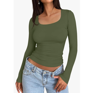 Trendy Queen Womens Long Sleeve Shirts Crop Tops Square Neck Going Out Basics Tees Y2K Winter Clothes 2025, Color: Army Green, Size: Small