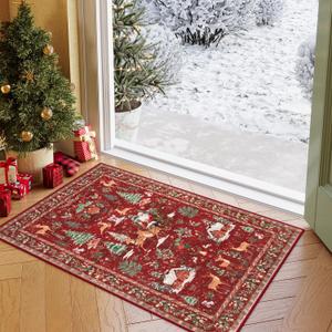 Lahome Indoor Christmas Rug 2x3 Small Kitchen Bathroom Rugs for Entryway,Washable Soft Non-Slip Christmas Tree Santa Claus Area Rug,Door Mat for Winter Living Room Bedroom Holiday Decor(2x3,Red)