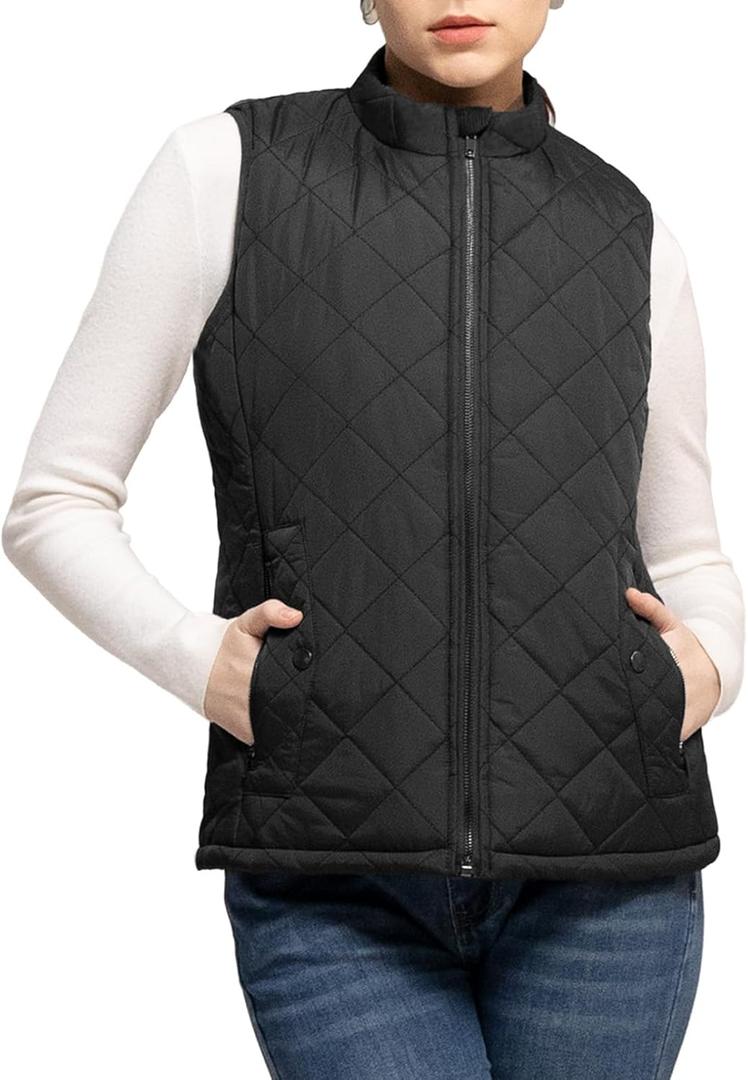 Women's Vest, Quilted Puffer Water-Resistant Zip With Pockets (Large, Black)