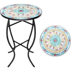 VCUTEKA Mosaic Outdoor Side Table - 14" Small Round Folding End Table with Ceramic Tile Top Patio Accent Table for Yard, Garden, Living Room, Bistro Balcony Porch Outdoor Benches or Lawn (Multi Color)
