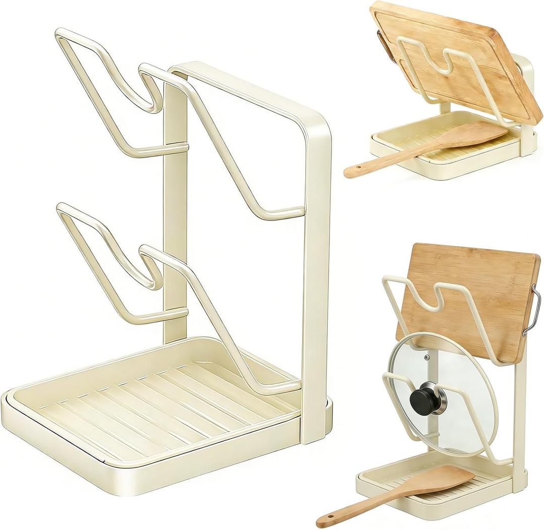 Pot Lid Holder,304 Stainless Steel Pot Lid Holder While Cooking,Kitchen Pot Lid Storage Rack, Removable Drip Tray, Multifunctional Kitchen Organizer Stand for Countertop (White, Double-layer)