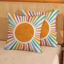 Summer Pillow Covers 16x16 Set of 2, Boho Sun Throw Pillows Stripes Yellow Blue Orange Sunshine Decorations Watercolor Rainbow Pillowcase Linen Boho Outdoor Decor Cushion Case for Home Sofa