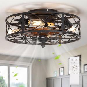 Caged Flush Mount Ceiling Fan with Lights, Farmhouse Rustic Bladeless Ceiling Fans with Lights and Remote, Low Profile Small Enclosed Ceiling Fan with Light for Bedroom, Kitchen, Black (18.5Inch)