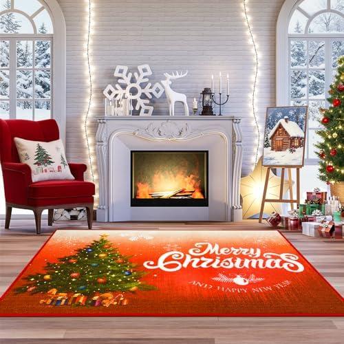 Deerhoo Christmas Area Rug for Bedroom 3 x 5 Feet, Low Pile Red Chirstmas Tree Carpet for Living Room, Non-Slip Throw Rugs for Bedroom Floor Carpets for Fireplace Playroom Home Decor