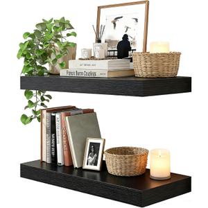 23.6in Solid Wood Core Floating Shelves, Set of 2 Heavy Duty Wall Mounted Shelf with Invisible Brackets, Rustic Farmhouse Black Wall Shelf for Living Room Bedroom Kitchen Bathroom Over Toilet