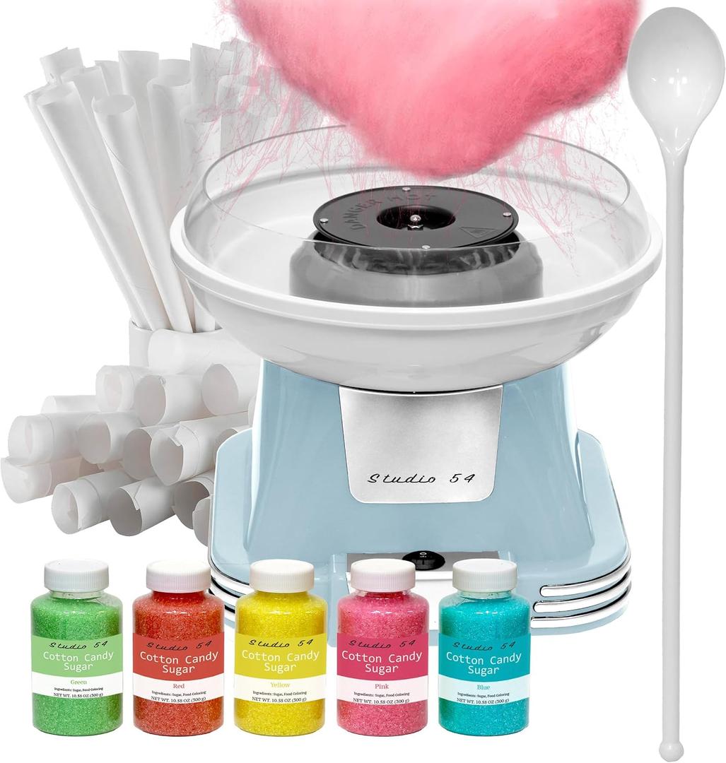 Retro Cotton Candy Machine with 5 Jars (11oz Each) Floss Sugar, 50 Paper Cones, Easy Cleanup Cotton Candy Maker, Durable Retro Design, Makes 2030 Servings per Jar, BPA & Lead Free