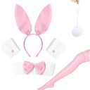 Bunny Costume Set - Ear Headband, Collar Cuffs, Rabbit Tail & Accessories for Halloween & Easter (6 Pcs Pink)