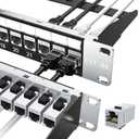 Jadaol 24 Port Shielded Patch Panel Rack or Wall Mount 19-Inch, 1U Cat6A Network Panel Preloaded with 24 Keystone Couplers Plus 1 Spare, 10Gbps Ethernet Panel with Cable Management & Back Support Bar