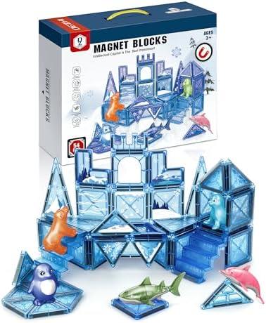YQOGK Magnetic Tiles Blocks Toys 54PCS: Magnet Blocks Building Toys, STEM Sensory Mini Magnetic Tiles for Toddler Age 3 4 5 8 Boys Girls, Maritime Animal World Creative Games Kids Toys